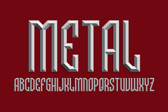 Volumetric metallic alphabet of prismatic letters. 3d display font. Isolated english alphabet.