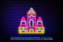 Glowing Neon Line Icon Of A Church Building Isolated Against A Brick Wall Background. Indian Church. Religion Of The Church. Vector Illustration