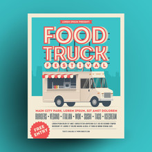 Food Truck Or Street Food Festival Poster Or Flyer Design Template. Vector Illustration.