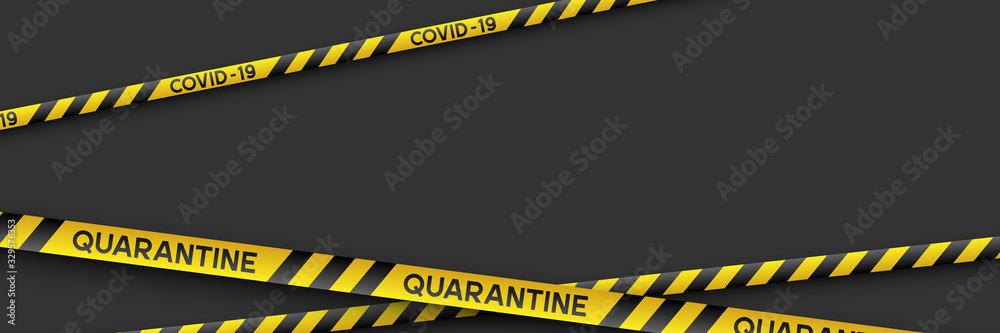 Warning coronavirus quarantine banner with yellow and black stripes. Black background with copy space. Quarantine biohazard sign. Vector. - obrazy, fototapety, plakaty 