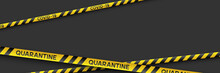 Warning Coronavirus Quarantine Banner With Yellow And Black Stripes. Black Background With Copy Space. Quarantine Biohazard Sign. Vector.