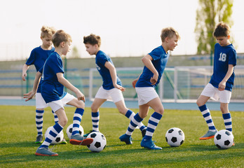 Wall Mural - Kids Sports: Teaching Children to Improve Soccer Skills. Football camp for kids. Boys practice dribbling in field. Players develop skills. Children training with balls. Soccer slalom drills