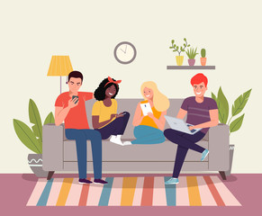 Wall Mural - Young women, men sitting on sofa and look at gadgets in the living room. Vector flat style illustration