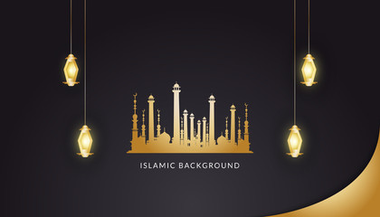 Wall Mural - Islamic Background with Golden Lanterns and Magnificent Mosque