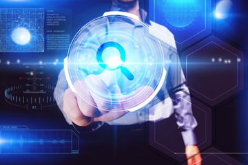 business, technology, internet and network concept. young businessman working on a virtual screen of
