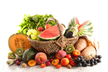 Wall Mural - summer assorted of fruit and vegetable composition in wicker basket