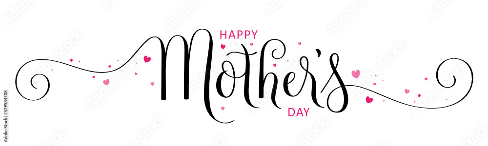 HAPPY MOTHER'S DAY black and pink vector brush calligraphy banner with hearts - obrazy, fototapety, plakaty 