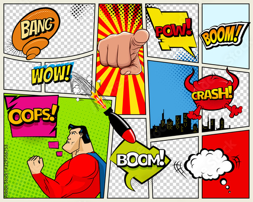 Dekoracja na wymiar  grunge-retro-komiks-dymki-tlo-z-promieniowymi-efektami-poltonow-i-promieniami-w-pop-art