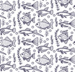© olizabet - Aquarium fish doodle line black and white seamless vector pattern