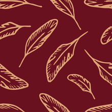 Seamless Pattern With Yellow Outline Of Bird Feathers. Hand Drawn Vector Illustration On A Red Background. Duplicate Feathers In A Dissimilarity.