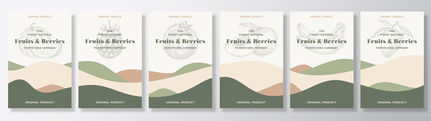 Wall Mural - aroma candle vector labels template bundle. fruits and berries scents set advert design. sketch back