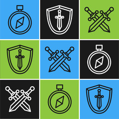 Set line Compass, Crossed medieval sword and Medieval shield with sword icon. Vector