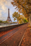 Fototapeta  - Deserted bike path with the Eiffel tower and the banks of the Seine river in Paris France on an autumn day surrounded by brown leaves of trees