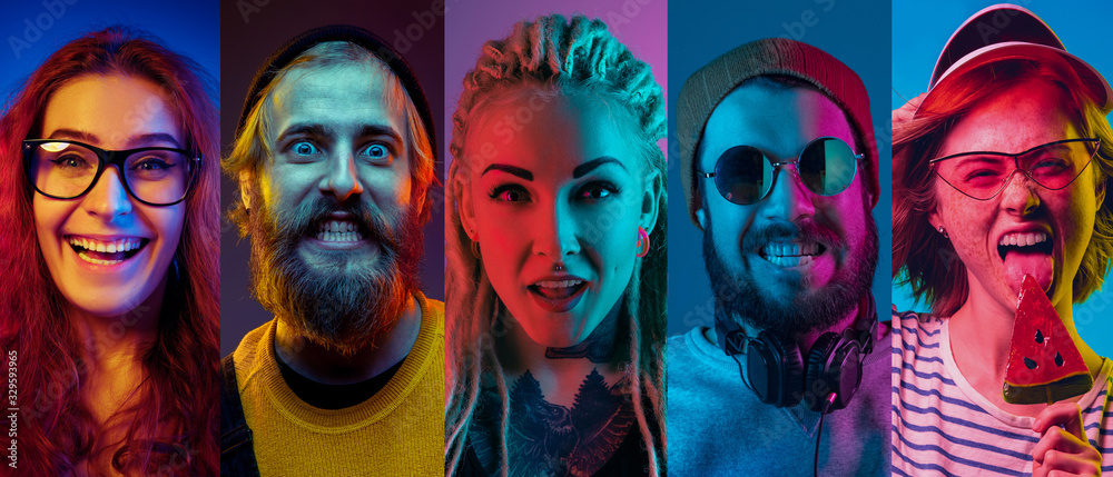 Collage of portraits of young emotional people on multicolored background in neon light. Concept of human emotions, facial expression, sales. Smiling, listen to music, happy. Flyer for ad, proposal. - obrazy, fototapety, plakaty 