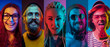 Collage of portraits of young emotional people on multicolored background in neon light. Concept of human emotions, facial expression, sales. Smiling, listen to music, happy. Flyer for ad, proposal.