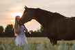 Frau küsst Pferd auf einem Weizenfeld im Sonnenuntergang