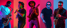 Collage Of Portraits Of Young Emotional Talented Musicians On Multicolored Background In Neon Light. Concept Of Human Emotions, Facial Expression, Sales. Playing Guitar, Saxophone, Singing, Dancing.