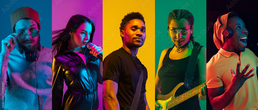 Collage of portraits of young emotional talented musicians on multicolored background in neon light. Concept of human emotions, facial expression, sales. Playing guitar, singing, dancing. - obrazy, fototapety, plakaty 