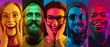Leinwandbild Motiv Collage of portraits of young emotional people on multicolored background in neon. Concept of human emotions, facial expression, sales. Smiling, listen to music with headphones. Flyer for ad, proposal