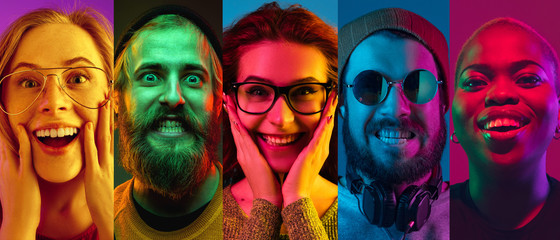 collage of portraits of young emotional people on multicolored background in neon. concept of human 