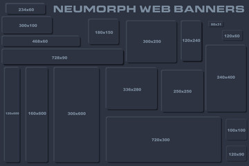 Wall Mural - Standard Size Neumorph UI Web Banners Templates. Dark style. Skeuomorph Trend Design. Editable Vector Elements.