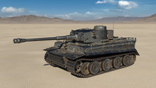 Old Army Tank, Vintage Armored Military Vehicle With Gun And Turret In Desert Environment, 3D Rendering
