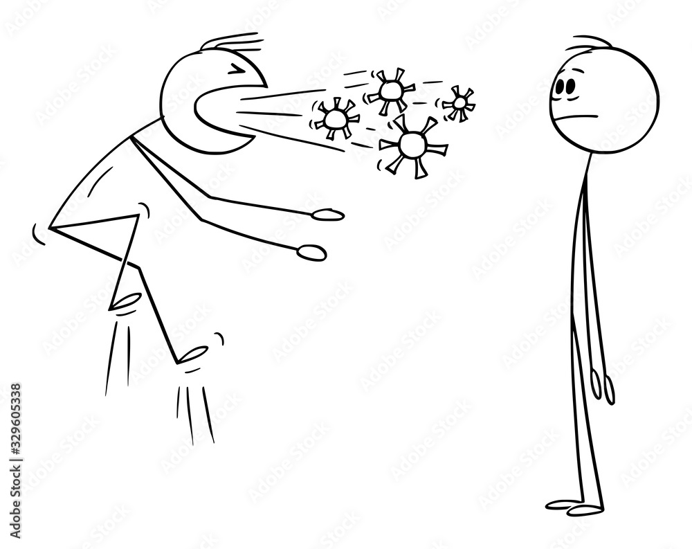 Vector cartoon stick figure drawing conceptual illustration of sick infected man coughing or sneezing and spreading infection of coronavirus covid-19 or flu. - obrazy, fototapety, plakaty 