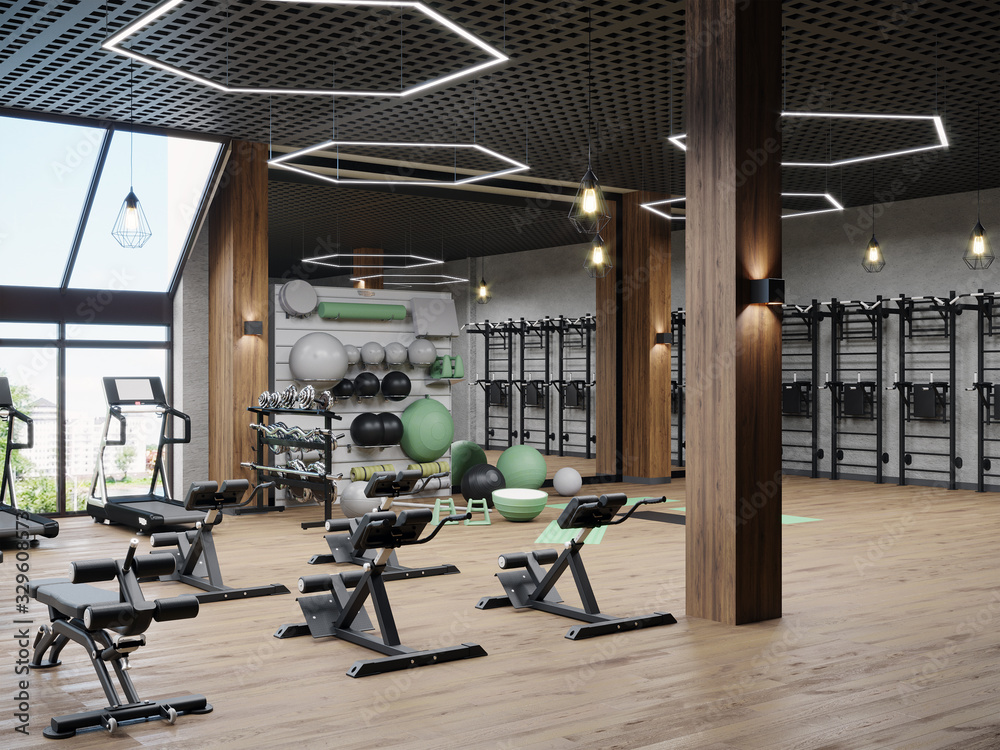 Modern gym interior with sport and fitness equipment, fitness center inteior, inteior of crossfit and workout gym, 3d rendering - obrazy, fototapety, plakaty 