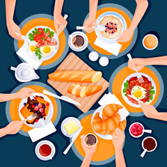 People have breakfast. Top view flat cartoon illustration of brunch meal. Morning food menu design elements