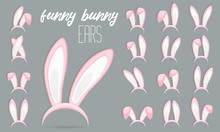 Easter Rabbit Ears Icons - Big Set. Collection Of Masks Pink Bunny Ear On Transparent Background. Cute Headband Stickers. Vector Illustration