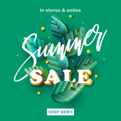 Summer sale background with 3D leaves. Green design. Floral typographic poster. Composition of 3D stylized leaves. Floral abstract summer sale illustration
