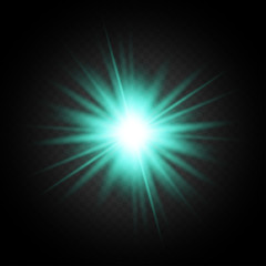 Poster - Light flare on black background. Holiday glowing backdrop. Lens flare, glow light effect. Night glow effect. Disco design. Christmas decoration. Bright glowing star. Vector illustration.