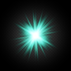 Poster - Light flare on black background. Holiday glowing backdrop. Lens flare, glow light effect. Night glow effect. Disco design. Christmas decoration. Bright glowing star. Vector illustration.