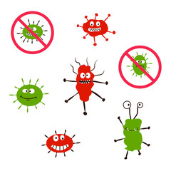 Set, microorganisms, pathogenic  bacteria, and microbes viruses, fungi, protozoa. Red prohibition sign.Wuhan coronary virus. Colorful vector flat style cartoon illustration isolated.