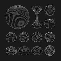 Wall Mural - Wireframe earth grid mesh objects set. Network line, HUD design spheres set. Isolated on white background