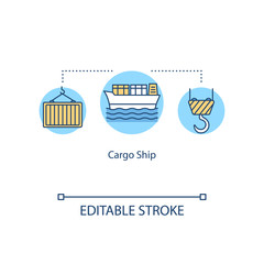 Wall Mural - Cargo ship concept icon. Loading container on ship. Storage for goods on boat. Water vessel logistic idea thin line illustration. Vector isolated outline RGB color drawing. Editable stroke