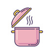 Cooking pot pink RGB color icon. Recipe for casserole. Saucepan with steam. Cute kitchenware. Open pan lid. Hot boiling soup. Prepare broth dish. Cuisine, culinary. Isolated vector illustration