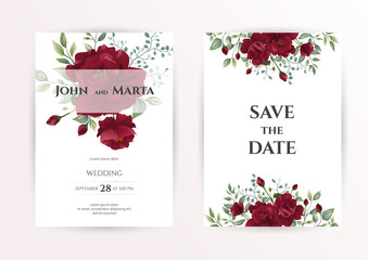 wedding invitation card with red roses, watercolor, leaves and golden geometric frame. Floral Trendy templates for banner, flyer, poster, greeting. Vector illustration. eps10