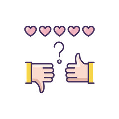 Sticker - Review rate RGB color icon. Thumbs up and down. Hand sign of like and dislike. Satisfaction level. Feedback for social media stories. Positive and negative gesture. Isolated vector illustration