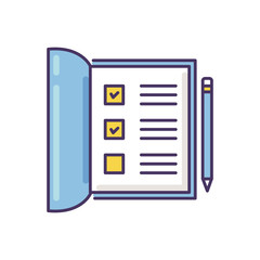 Sticker - Open notebook RGB color icon. List with ticked checkboxes. Completed test form. Mark boxes for poll. School papers. Office report. Fill report with pen. Isolated vector illustration