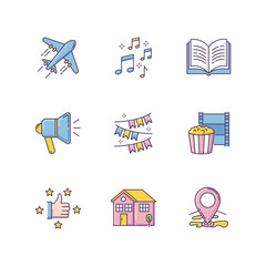 Sticker - Recreation RGB color icons set. Travel with flight. Music notes. Open book. Loudspeaker broadcast. Event decoration. Movie night. Recommendation sign. Isolated vector illustrations