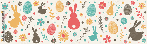 Colourful easter banner with bunnies, eggs and flowers. Vector Canvas Print