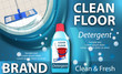 Disinfectant cleaner for washing floors. Clean floor shiny. Mop cleaning. Package design realistic illustration water splash. Advertisement poster layout or banner.