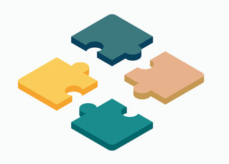 Isometric puzzle of four piece flat illustration. Isolated on a white background. Work in the company, concept of solving problems