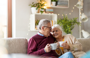 Sticker - Portrait of a happy senior couple relaxing together at home 