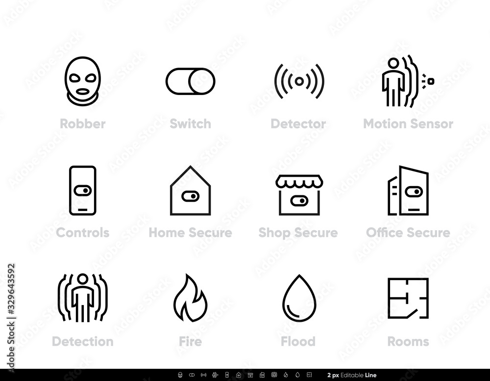 Robber Detectors and Security icons. Protection, Switch, Motion Sensor, Fire, Flood, Room, Control. Office, Home and Shop Secure Network Protection. Editable line vector set - obrazy, fototapety, plakaty 