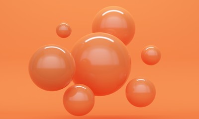Poster - Abstract composition with shiny flying spheres on an orange background. 3d rendering