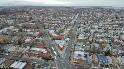 Aerial drone picture of urban houses and street