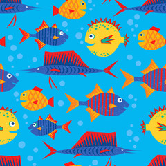 Wall Mural - Cute cartoon fishes illustration. Vector seamless pattern.