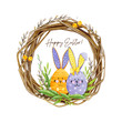 Watercolor Easter card with a pair of eggs with bunny ears. Stripes, dots and lines are drawn on the eggs. Eggs are sitting in a beautiful wicker wreath of willow twigs on which yellow butterflies sit
